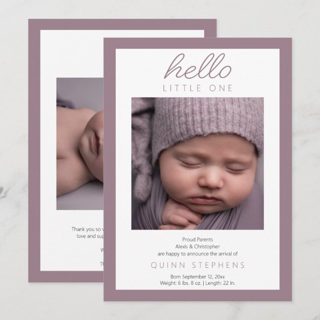 Hello Little One - 2 Photo Baby Lavender Birth Announcement (Front/Back)