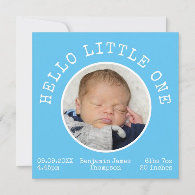 Hello Little One 2 Photo Name Blue Baby Boy Announcement (Front)