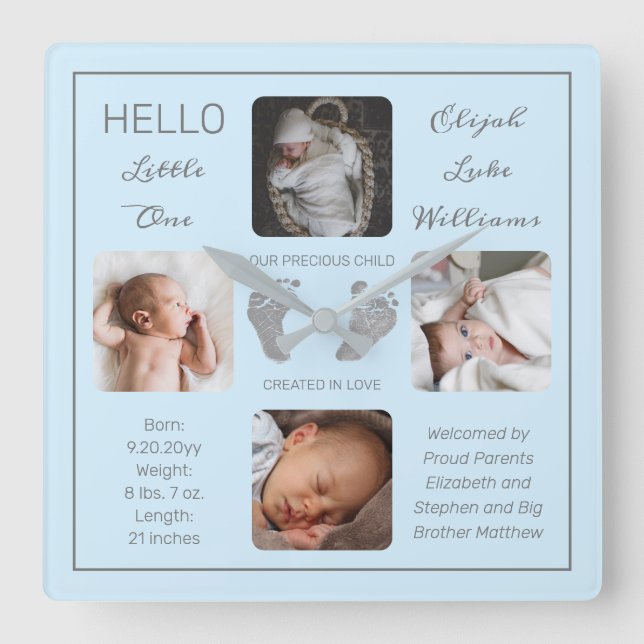 Hello Little One Baby Four Photo Square Wall Clock (Front)