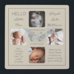 Hello Little One Baby Four Photo Square Wall Clock<br><div class="desc">Create a keepsake you can cherish for a lifetime with this "Hello Little One" four photo design featuring your baby's name, birth statistics, parents and siblings' names. In the centre are two template lines for your personal message or you can use ours. This messaging is on top and bottom of...</div>