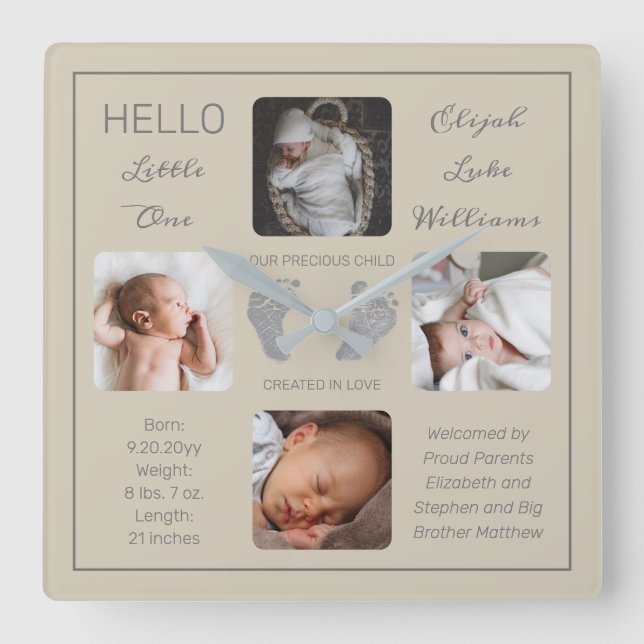 Hello Little One Baby Four Photo Square Wall Clock (Front)