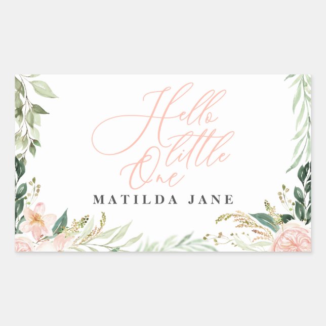 Hello little one blush floral birth announcement rectangular sticker (Front)