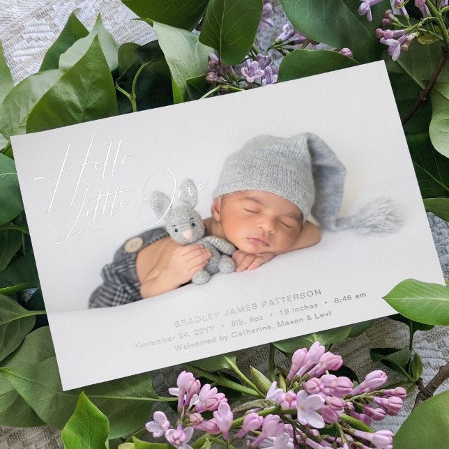 Hello Little One Elegant Script Photo Birth Foil Holiday Card (Creator Uploaded)