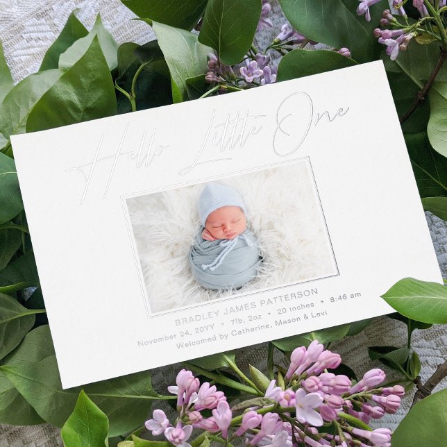 Hello Little One Elegant Script Photo Birth Foil Holiday Card (Creator Uploaded)