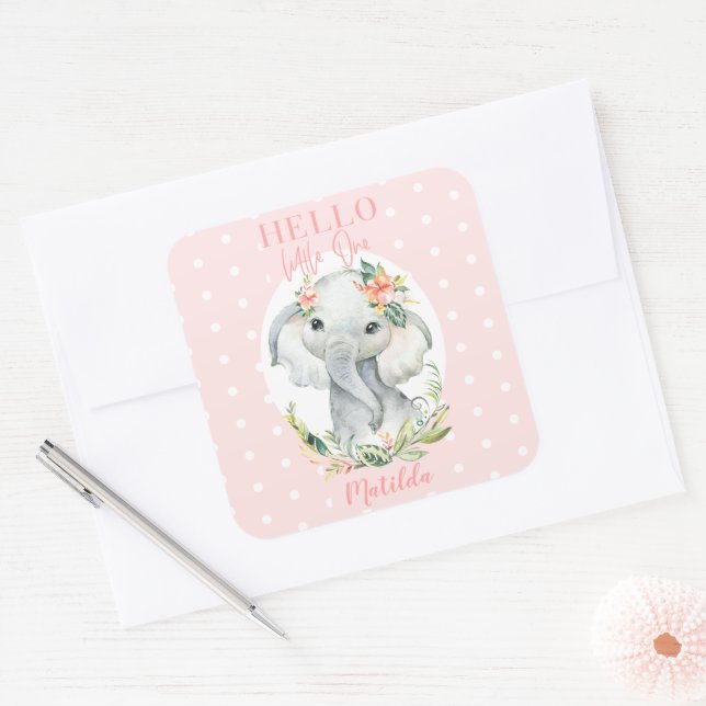 Hello little one elephant baby shower square sticker (Envelope)