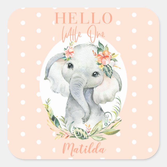 Hello little one elephant baby shower square sticker (Front)