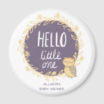 Hello Little One Owl Baby Shower Favour Magnet<br><div class="desc">Purple floral baby shower favour magnets featuring a purple and yellow owl and floral wreath design that reads "Hello little one". Customise with your text.</div>