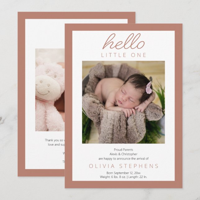 Hello Little One Photo Baby Girl Terracotta Birth Announcement (Front/Back)