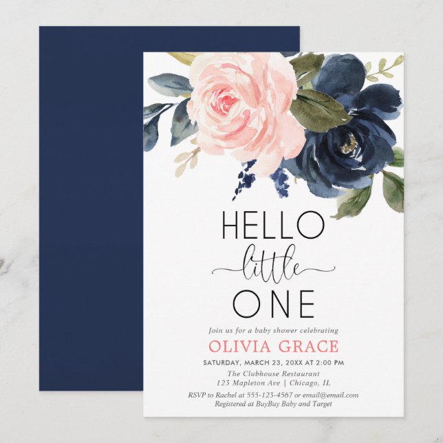 Hello little one pink navy blue girl baby shower invitation (Front/Back)