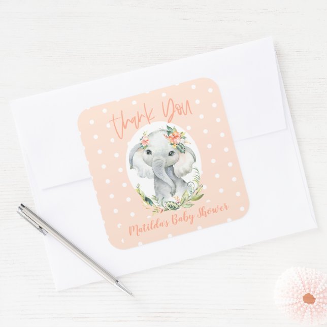 Hello little one thank you elephant baby shower square sticker (Envelope)