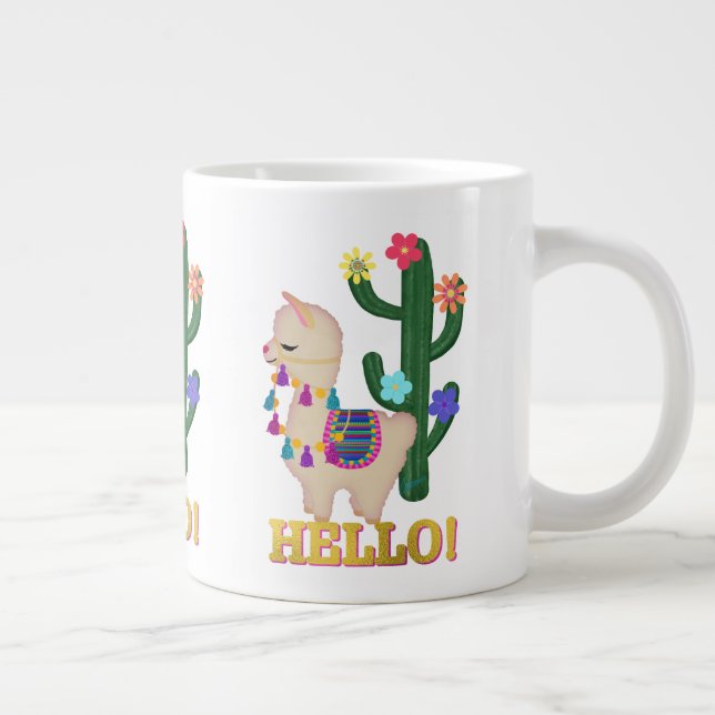 HELLO LLAMA! Cute Little Llama and Cactus Large Coffee Mug (Right)