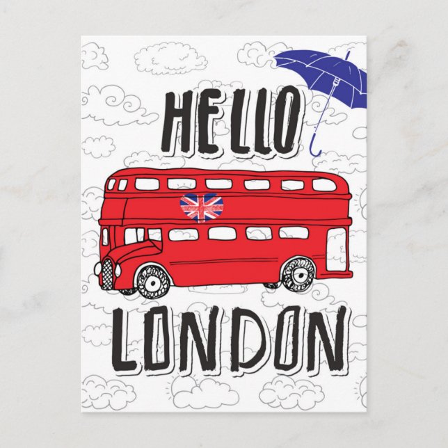 Hello London | Hand Lettered Sign With Umbrella Postcard (Front)