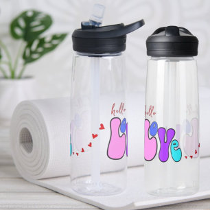 "Hello Love" Retro 70's style font Red hearts Water Bottle