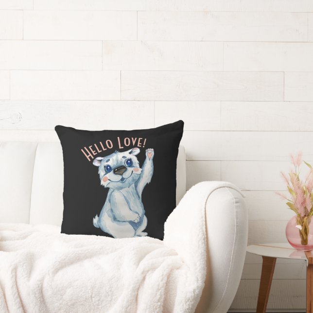 Hello Love Watercolor Polar Bear Throw Pillow (Couch)