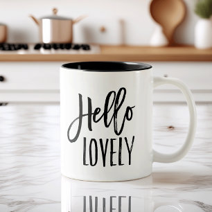 Hello Lovely   Chic Brush Lettered Typography Two-Tone Coffee Mug