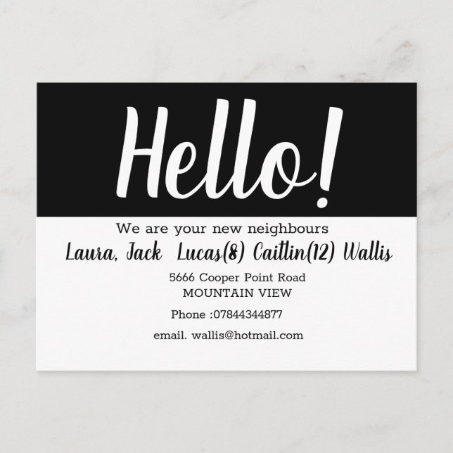 Hello meet the neighbours postcard (Front)