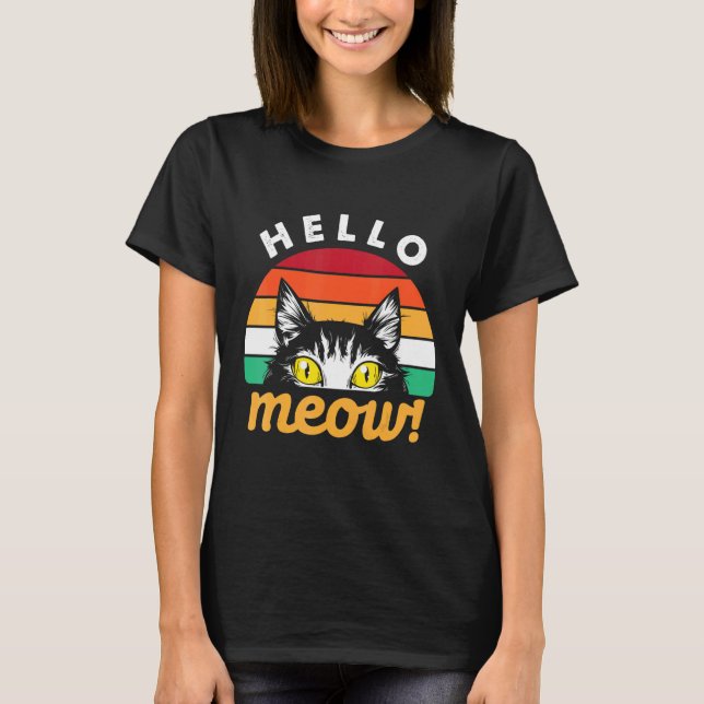 Hello Meow Cat Retro Style T-Shirt (Front)