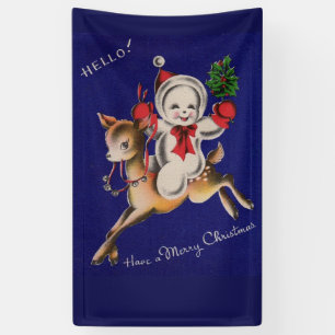 Hello! Merry Christmas snowman on reindeer Banner