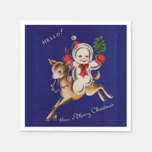 Hello! Merry Christmas snowman on reindeer Napkin