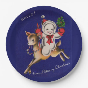 Hello! Merry Christmas snowman on reindeer Paper Plate