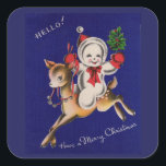 Hello! Merry Christmas snowman on reindeer Square Sticker<br><div class="desc">Here we have a super sweet vintage Christmas image, which also appears on gift bags, wrapping paper, tissue paper, and gift tags, as well as party plates and napkins AND coasters. Note that my shop has many more vintage and antique Christmas images appearing on all of the foregoing! Wanna see...</div>