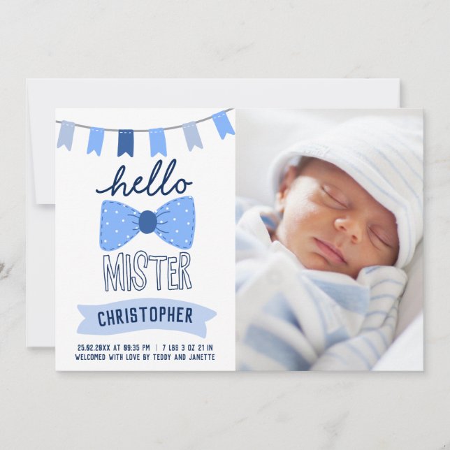 Hello Mister Blue Bow Tie Photo Boy Birth Announcement (Front)