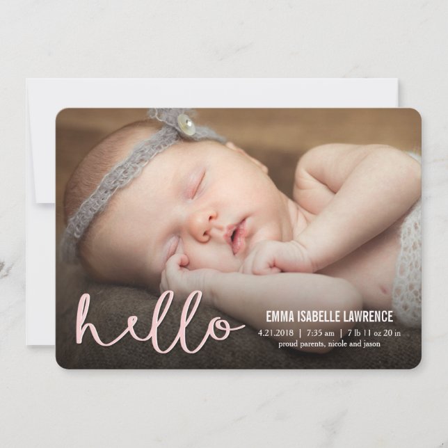 HELLO Modern Birth Announcements PINK (Front)