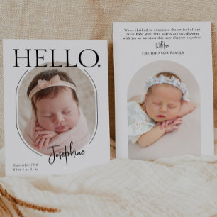Hello Modern Minimalist Baby Oval Photo Birth Announcement