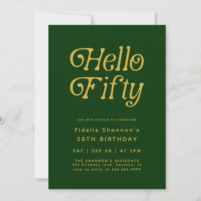 Hello Modern Retro green and gold 50th Birthday  Invitation (Front)