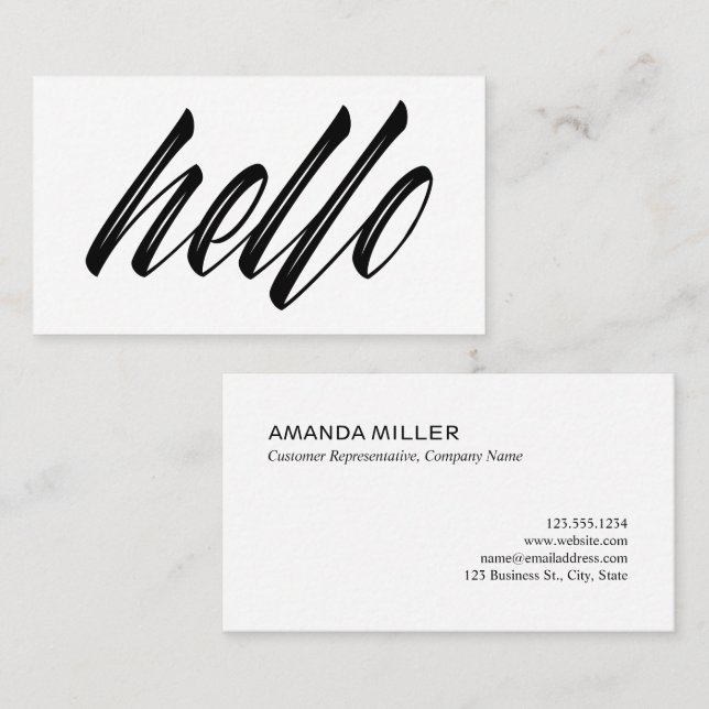 Hello Modern Script Black White Contact Info Business Card (Front/Back)