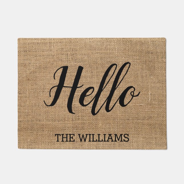 Hello Modern Typography Rustic Custom Family name Doormat (Front)