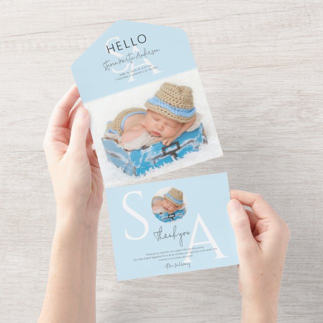 Hello Monogram Photo Boy Birth Announcement (Tearaway)