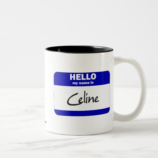 Hello My Name Is Celine (Blue) Two-Tone Coffee Mug (Right)