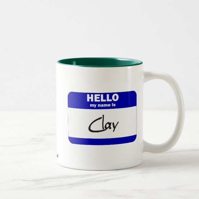 Hello My Name Is Clay (Blue) Two-Tone Coffee Mug (Right)