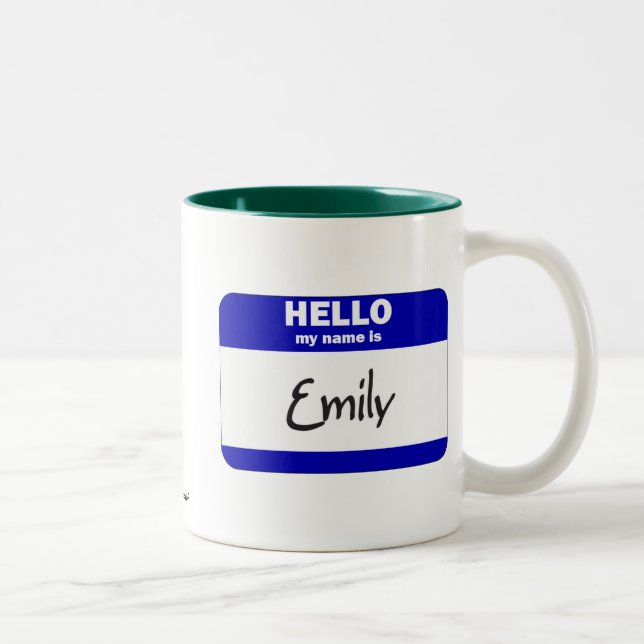 Hello My Name Is Emily (Blue) Two-Tone Coffee Mug (Right)