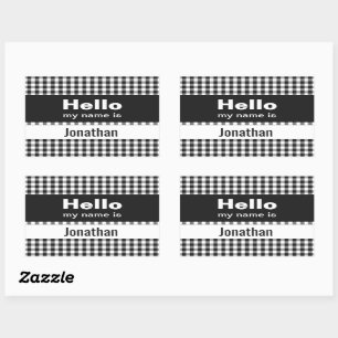 Hello My Name Is - gingham black and white Rectangular Sticker