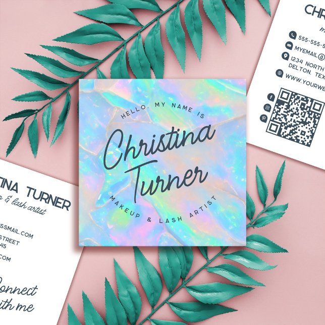 Hello My Name Is Iridescent Holographic Opal Square Business Card (Creator Uploaded)