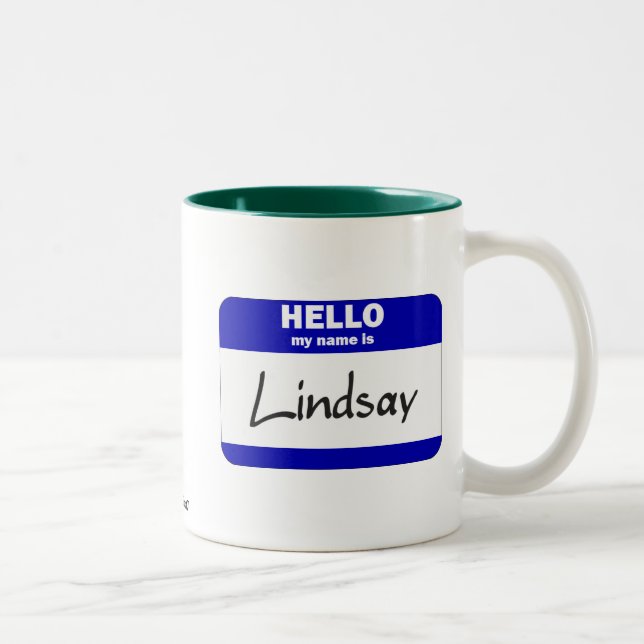 Hello My Name Is Lindsay (Blue) Two-Tone Coffee Mug (Right)