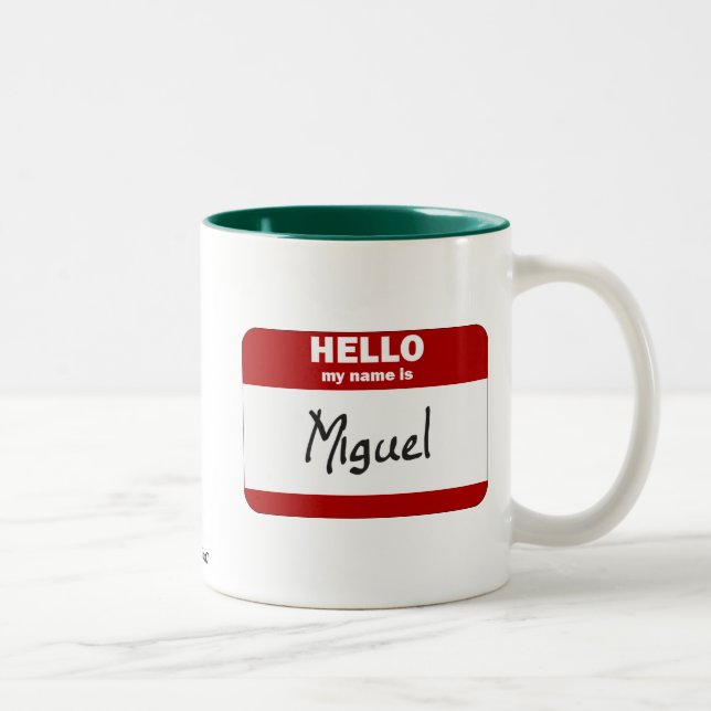Hello My Name Is Miguel (Red) Two-Tone Coffee Mug (Right)