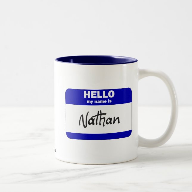 Hello My Name Is Nathan (Blue) Two-Tone Coffee Mug (Right)