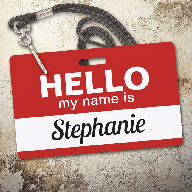 Hello my name is - red Custom Employee Name Script ID Badge (Hello Name Badge with Custom Name)