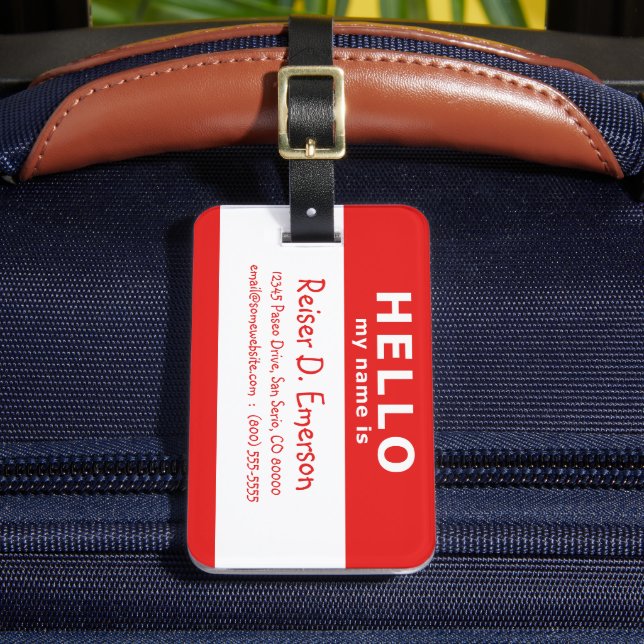 hello my name is red luggage tag (Front Insitu 2)