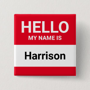 Hello my name is red personalised custom name tag 15 cm square badge