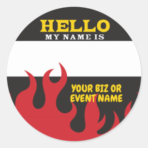 Hello name tag for barbecue event with flames