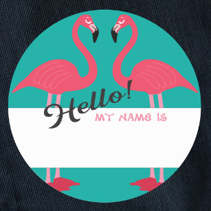 Hello name tag with pink flamingo and teal