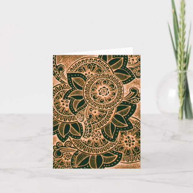 Hello Neon Orange Black Damask India Mandala Blank Card (Front)