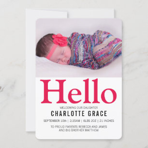 Hello New Baby Bright Pink Personalised Announcement
