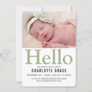 Hello New Baby Green Personalised Announcement