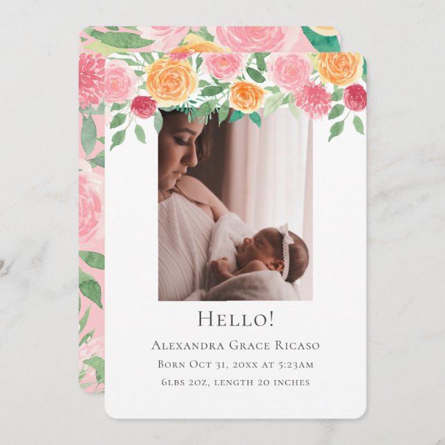 Hello New Baby Photo Personalised Pink Flowers Invitation (Front/Back)