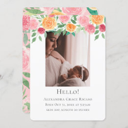 Hello New Baby Photo Personalised Pink Flowers Invitation